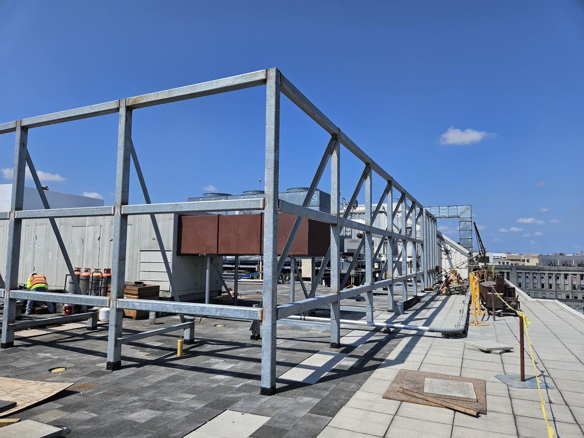 Galvanized structural steel framing on commercial rooftop